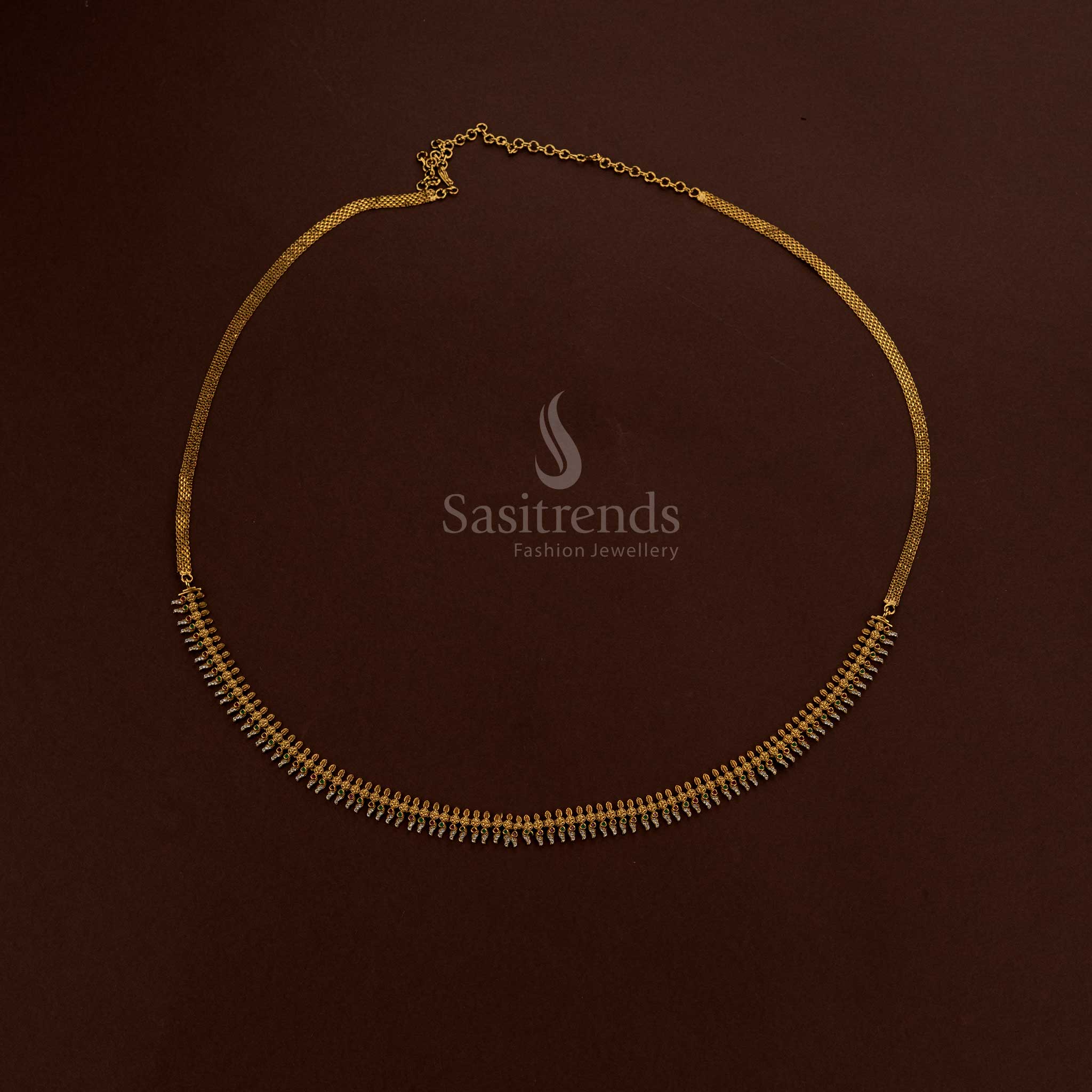 Multi colour temple matte gold plated floral jasmine bud American diamond hipbelt designed for bridal jewellery wedding ceremonies and saree styling - Sasitrends