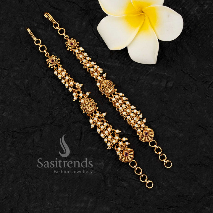 Traditional matil with Lakshmi motif combined with pearl beads and gold beads for rich bridal and festive styling - Sasitrends