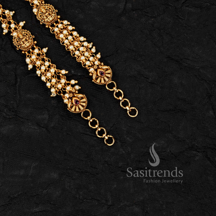 Traditional matil with Lakshmi motif combined with pearl beads and gold beads for rich bridal and festive styling - Sasitrends