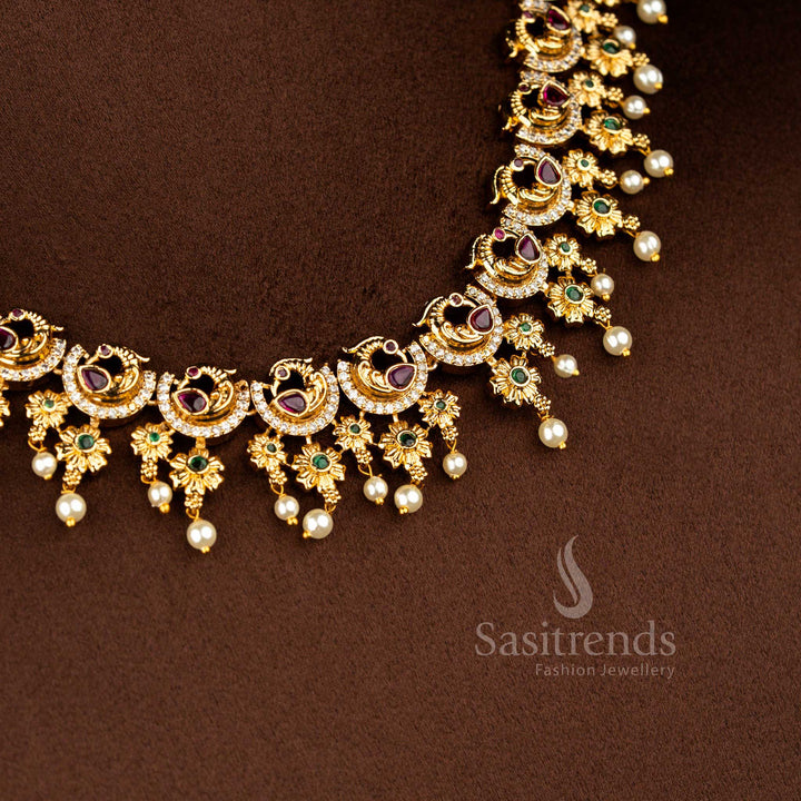 Sasitrends temple matte gold plated peacock floral AD stone short necklace jewellery set designed with intricate traditional craftsmanship for bridal, wedding and grand festive wear
