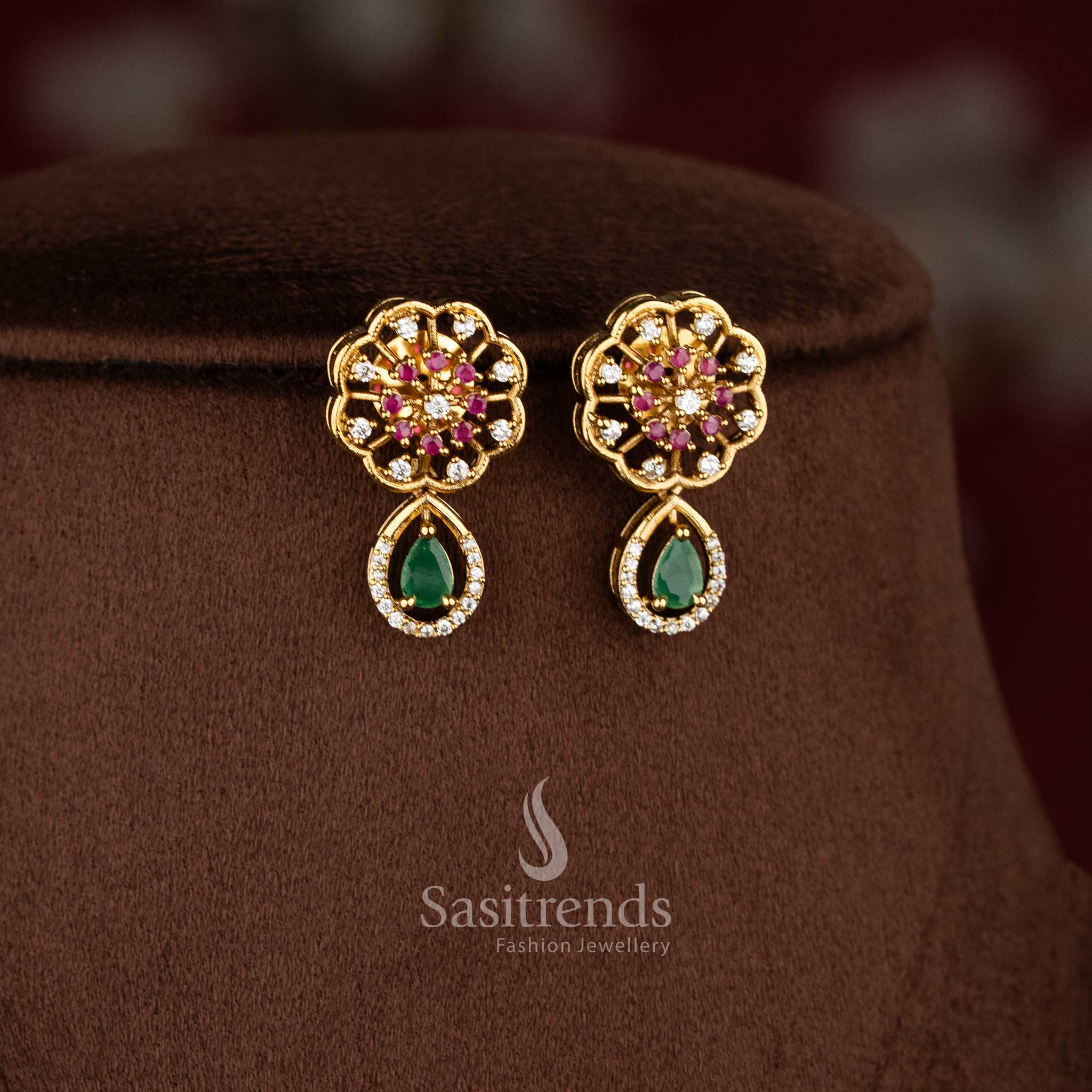 Temple Matte Gold Plated Peacock Motif Short and Long Necklace Jewellery Set with Floral Centre and Teardrop Stone Pattern | Traditional Festive & Wedding Jewellery - Sasitrends 

