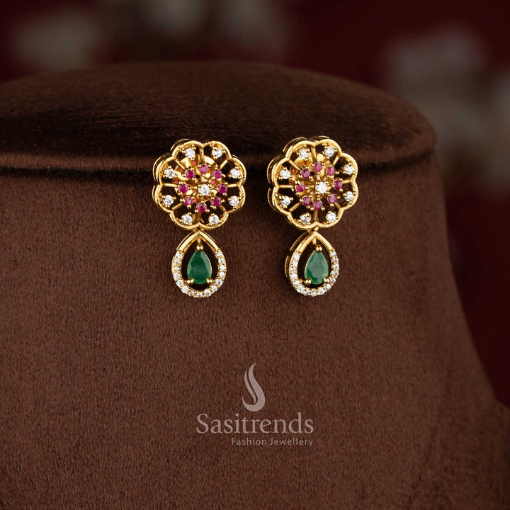 Temple Matte Gold Plated Peacock Motif Short and Long Necklace Jewellery Set with Floral Centre and Teardrop Stone Pattern | Traditional Festive & Wedding Jewellery - Sasitrends 
