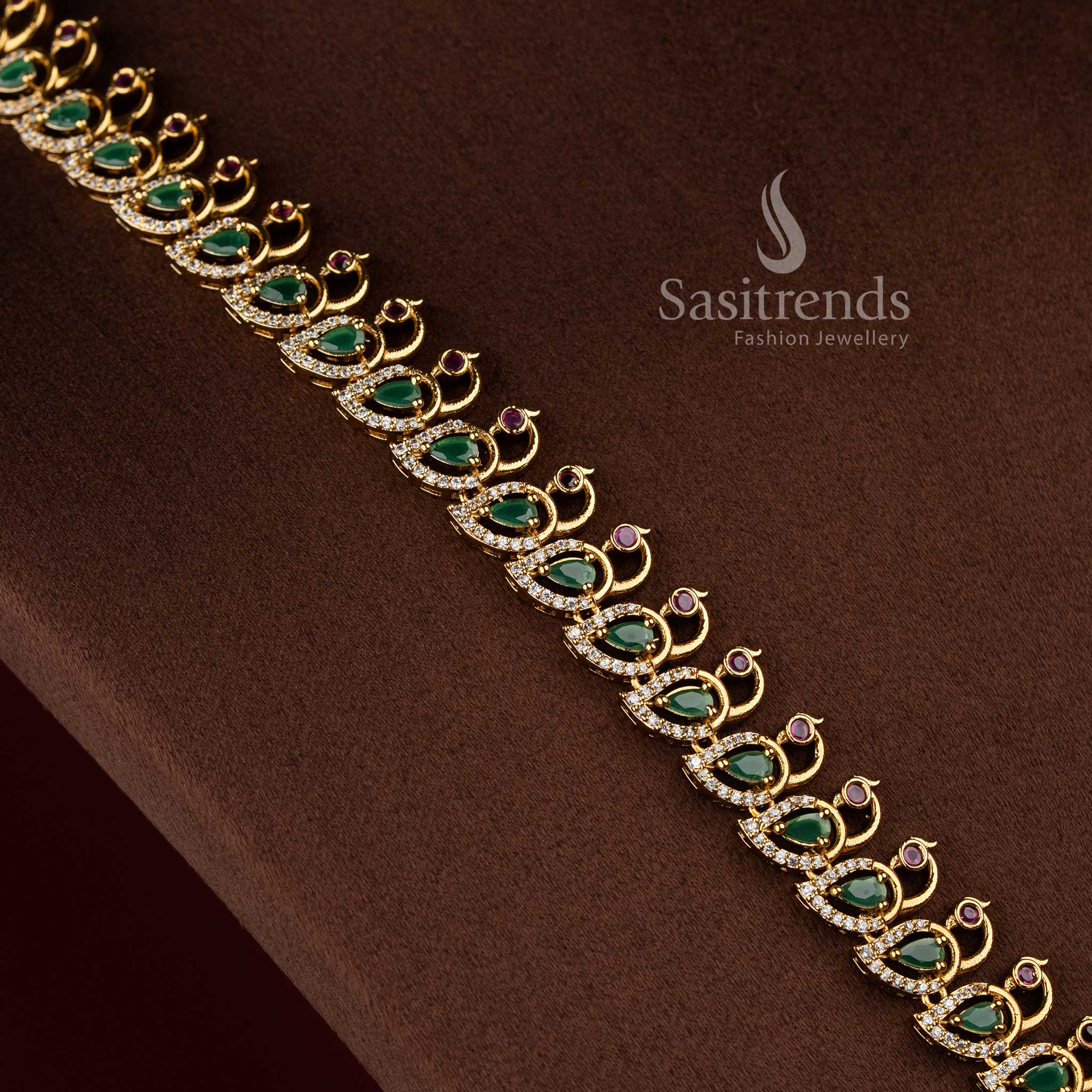 Sasitrends long temple matte gold plated peacock motif short and long necklace jewellery set with floral centre pendant and matching earrings