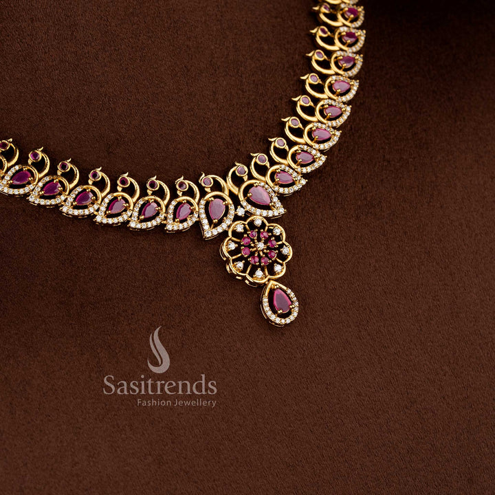 Sasitrends temple matte gold plated peacock motif short and long necklace jewellery set with floral centre pendant and matching earrings