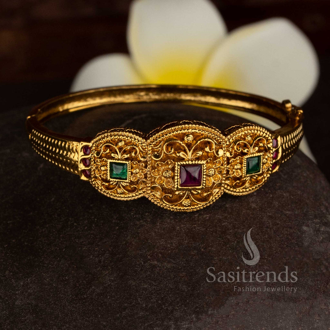 Temple matte gold plated ruby green AD stone openable single kada bracelet featuring triple medallion floral design with square cut stones, rich premium traditional temple jewellery - Sasitrends