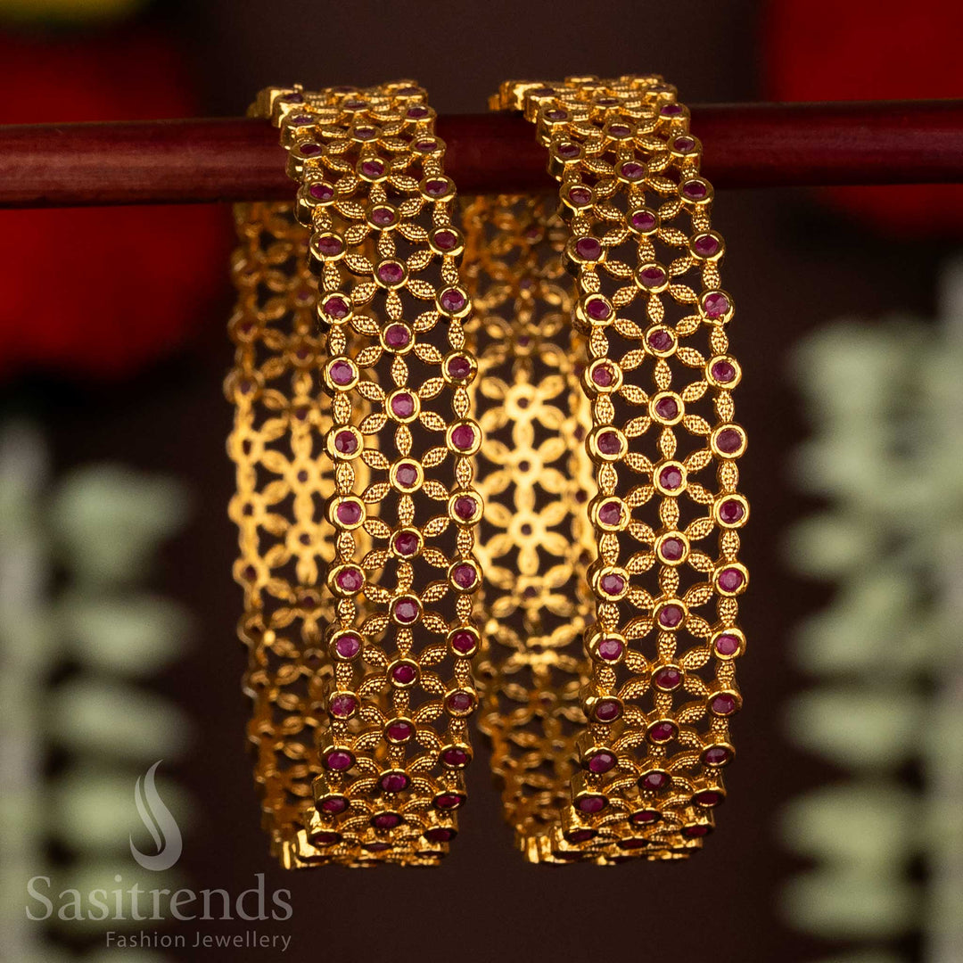 Sasitrends Temple Matte Gold Plated Filigree Pattern Floral Bangles