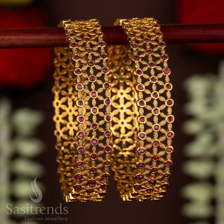 Gorgeous Temple Matte Gold Plated Filigree Pattern Floral Bangles For Special Occasions