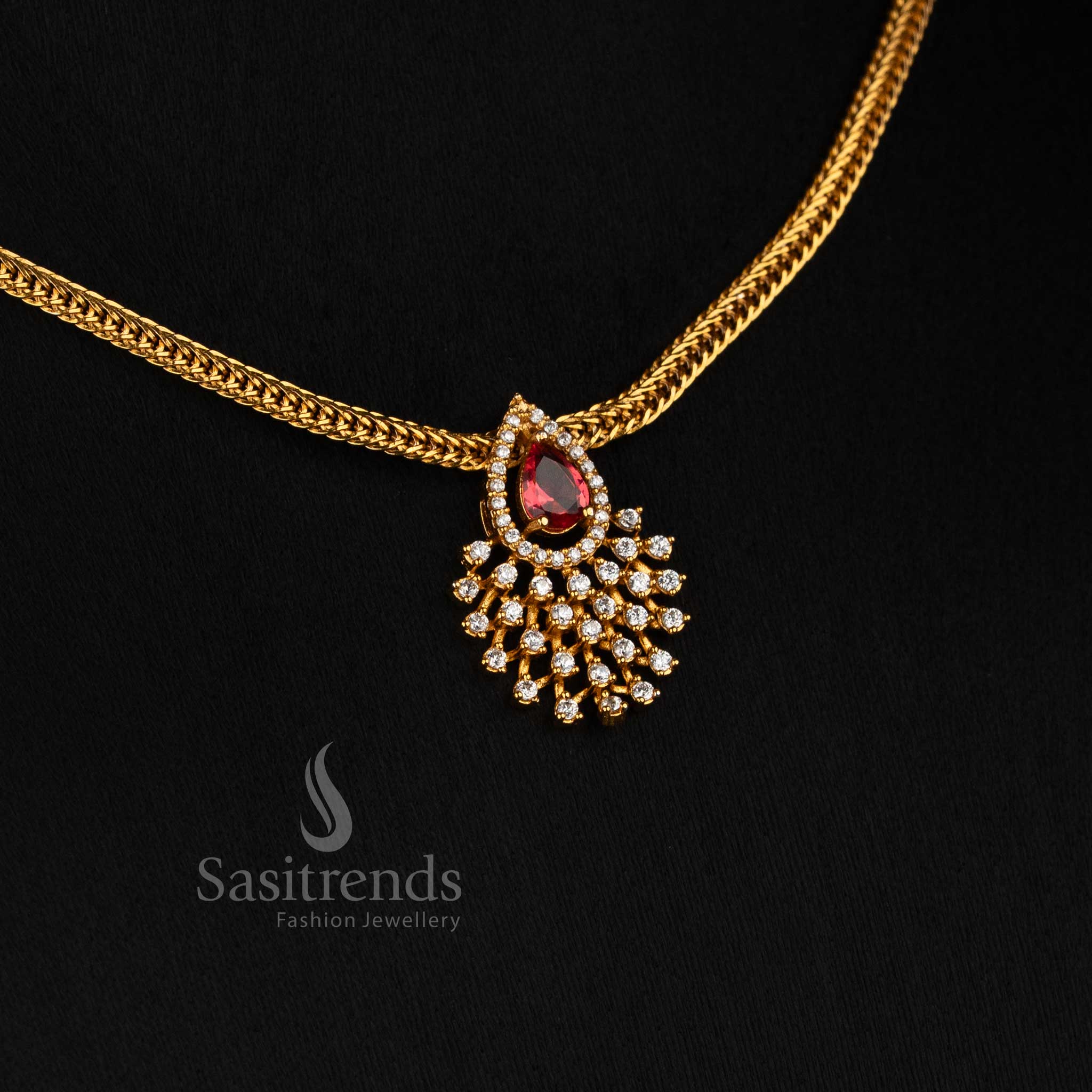 Sasitrends temple matte gold teardrop AD stone pendant choker necklace set with mesh design and matching earrings