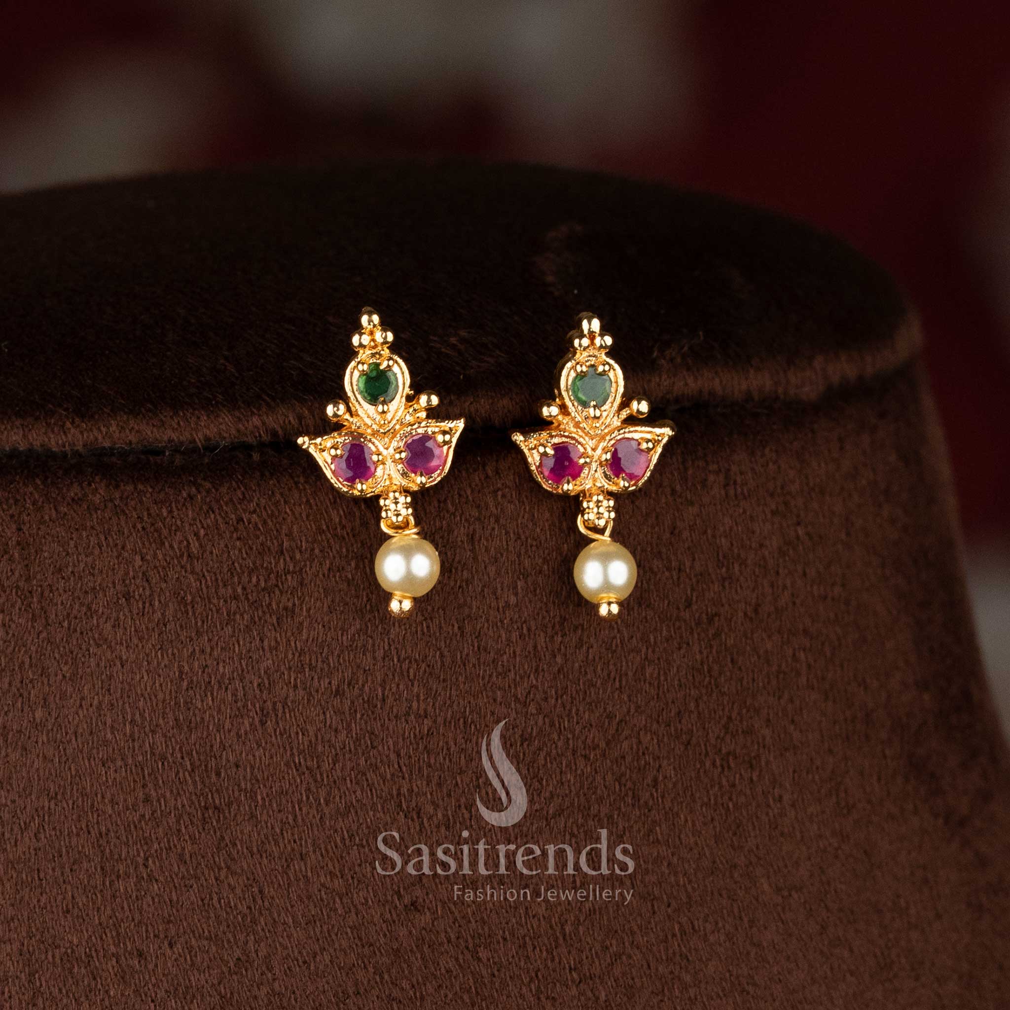 Sasitrends temple style micro gold plated floral chandbali necklace jewellery set crafted with pearl drop pattern for cultural and traditional styling