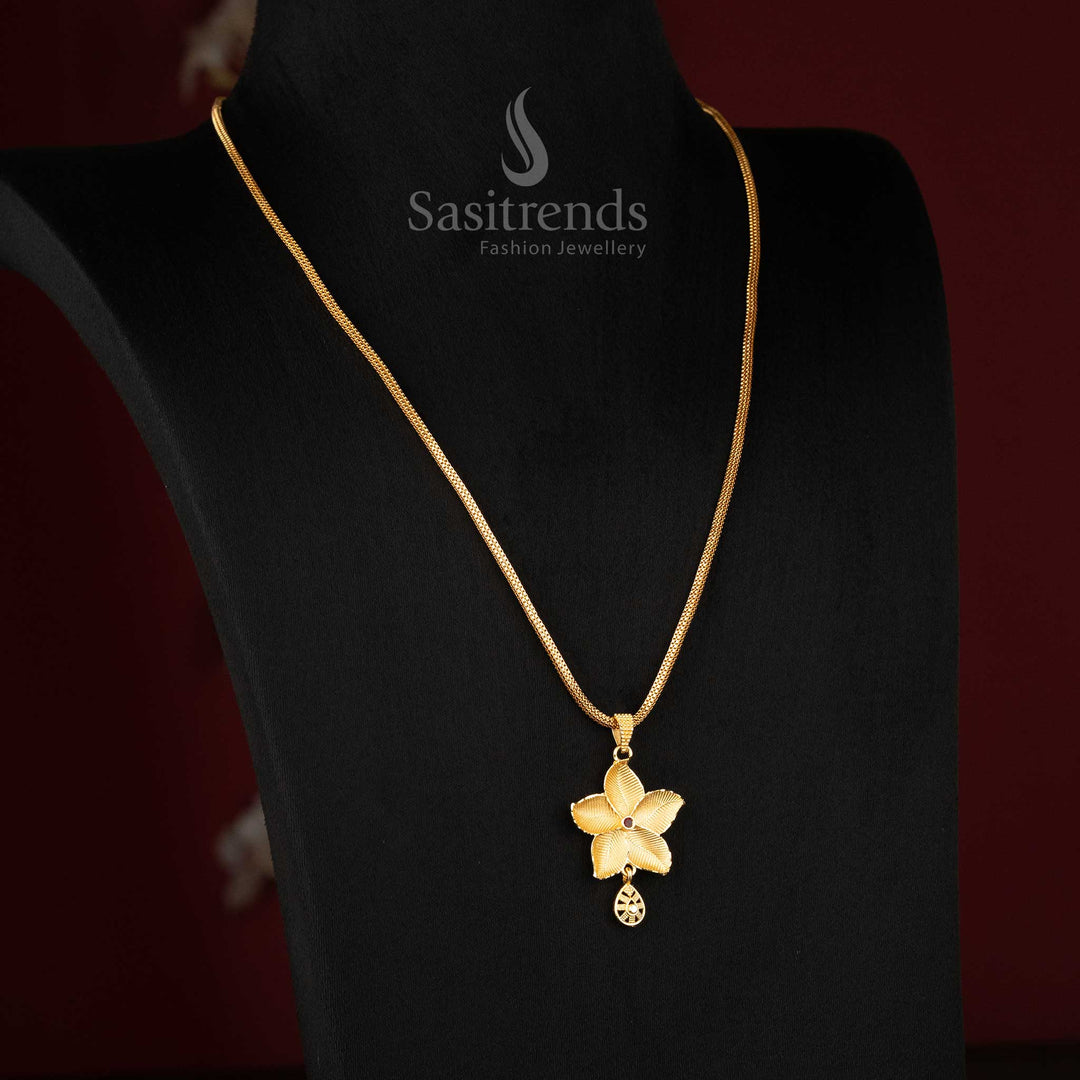 Sasitrends Guaranteed 24k micro gold plated floral motif pendant chain necklace with textured petal design and hanging drop 