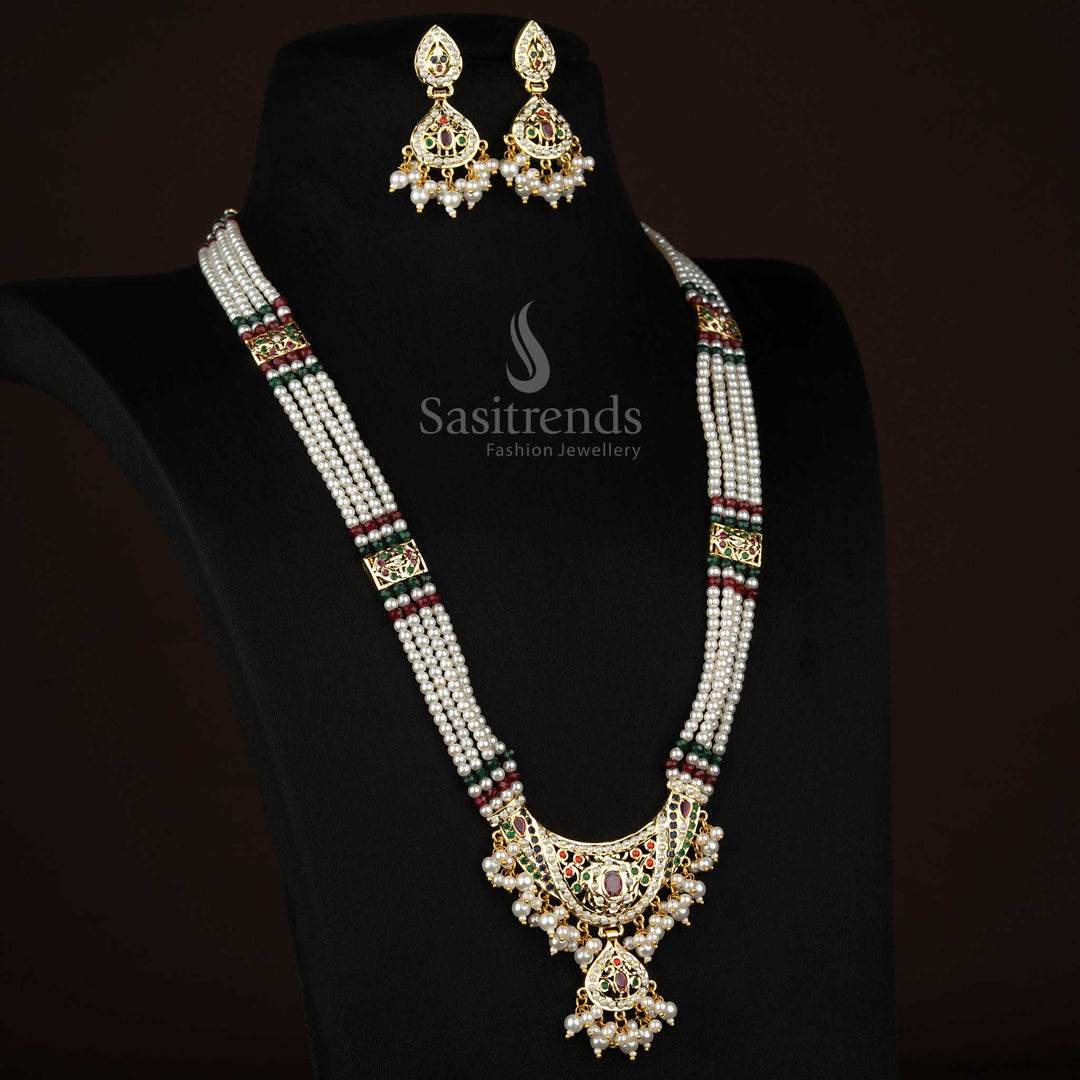 Traditional style navarathna pearl haram necklace set with four layered pearl strands, American Diamond pendant and guaranteed 24K micro gold plated polish, suitable for wedding and festive occasions - Sasitrends