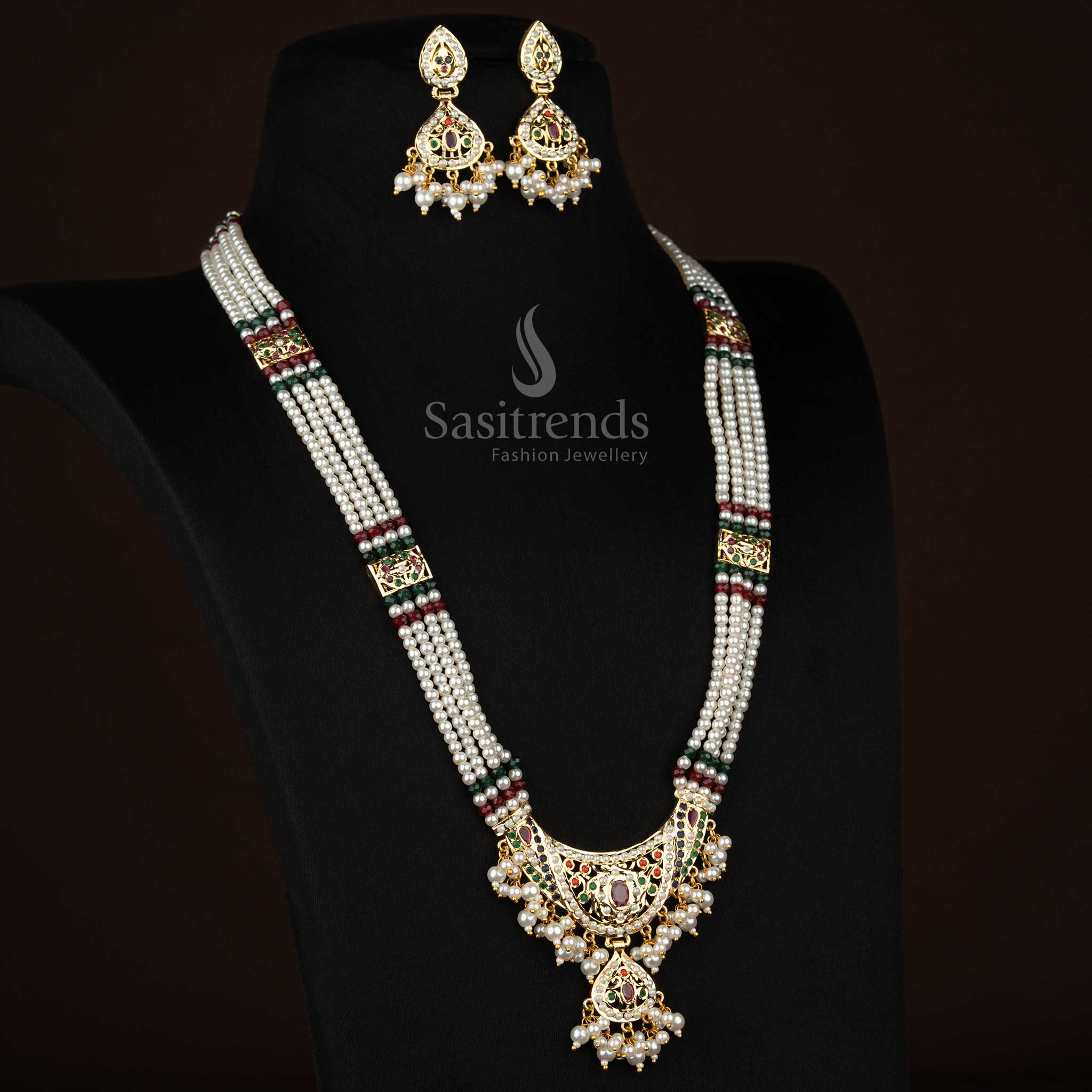Traditional style navarathna pearl haram necklace set with four layered pearl strands, American Diamond pendant and guaranteed 24K micro gold plated polish, suitable for wedding and festive occasions - Sasitrends