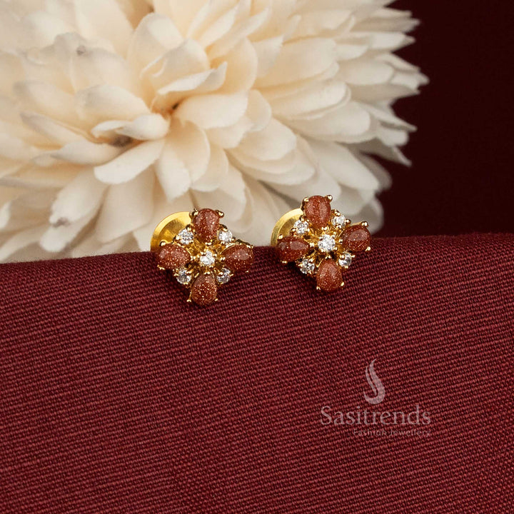 Sasitrends Temple and Cultural Wear Floral Stud Earrings with Teardrop AD Stones and Pearl Embellishments
