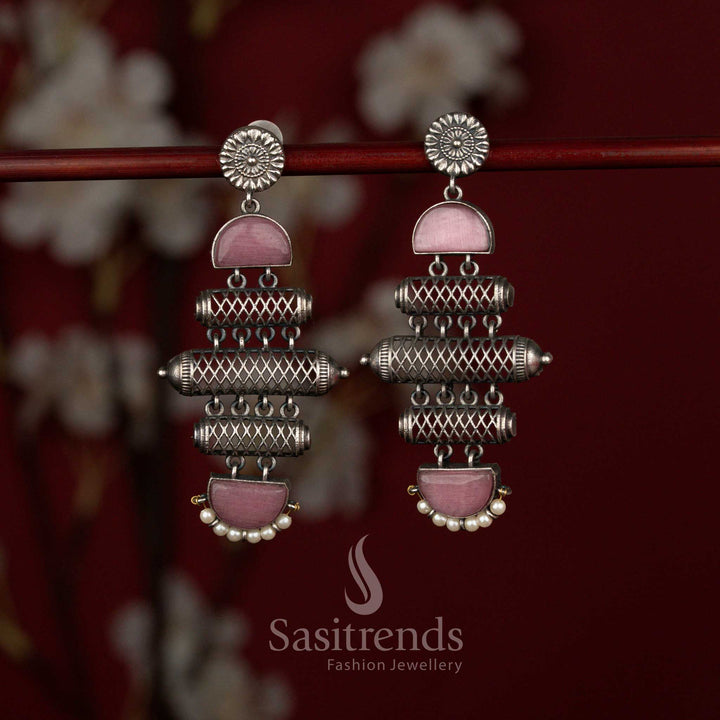 Textured cylindrical oxidised silver plated earrings from Sasitrends designed with stacked barrel layers, decorative pink stone panel accents and delicate pearl drops that enhance traditional and fusion outfits.