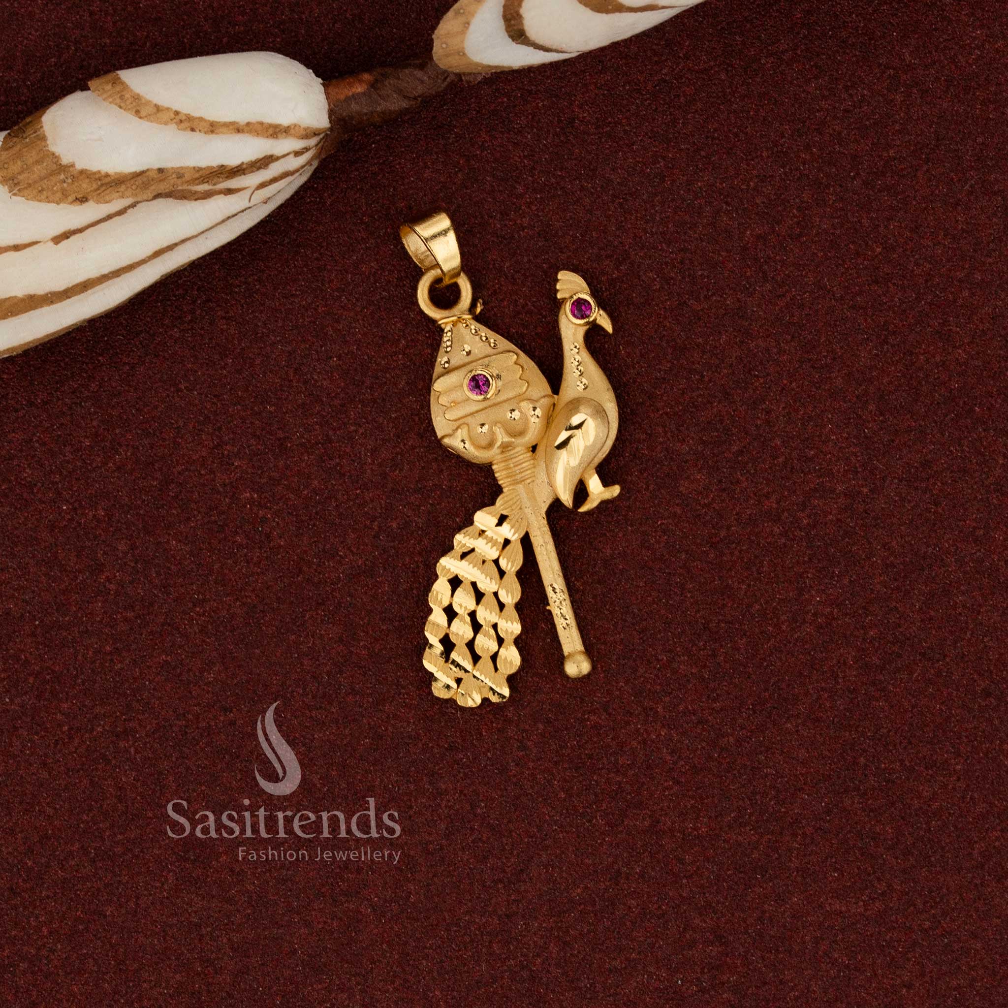 Sasitrends traditional 24K micro gold plated ethnic forming vel peacock pendant inspired by temple style craftsmanship designed for cultural occasions, festive traditions and devotional wear