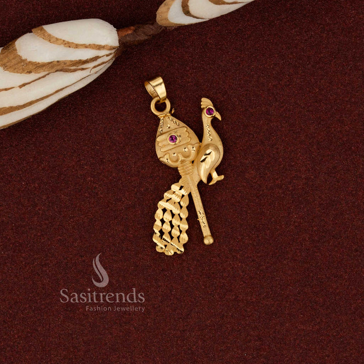 Sasitrends traditional 24K micro gold plated ethnic forming vel peacock pendant inspired by temple style craftsmanship designed for cultural occasions, festive traditions and devotional wear