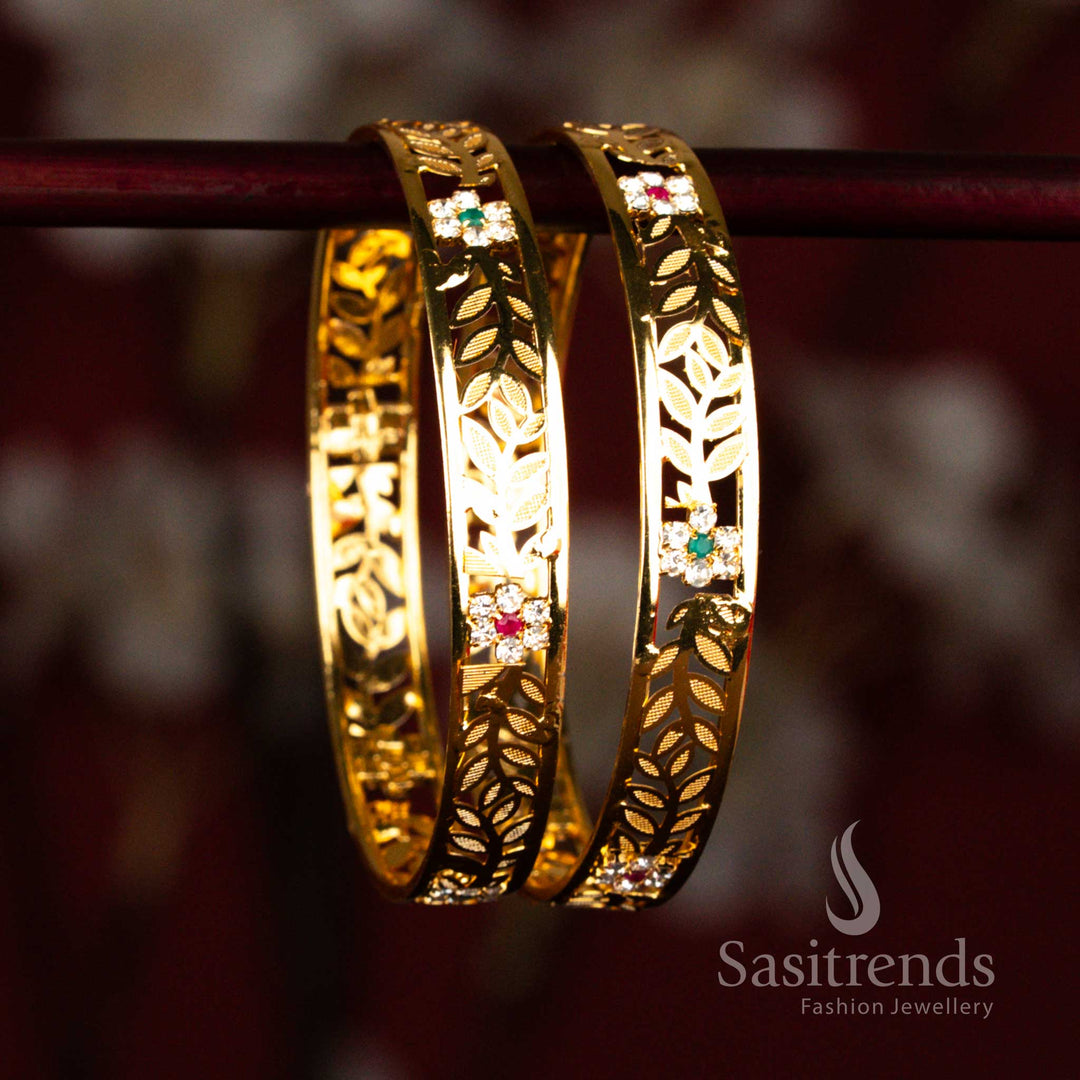 Sasitrends Guaranteed one gram micro gold plated engraved leaf cutwork multi American diamond bangle, festive & wedding wear