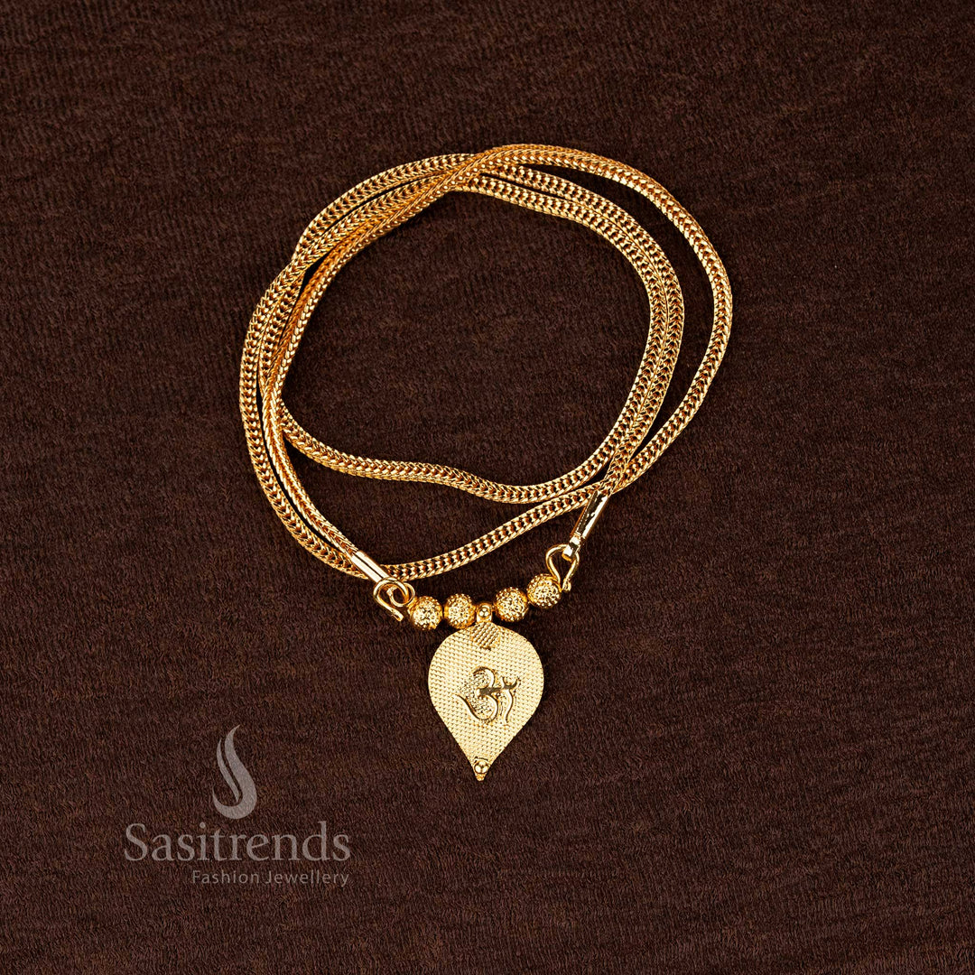 Sasitrends 24K micro gold plated traditional thali chain featuring woven link chain with bead centre and Om motif drop pendant