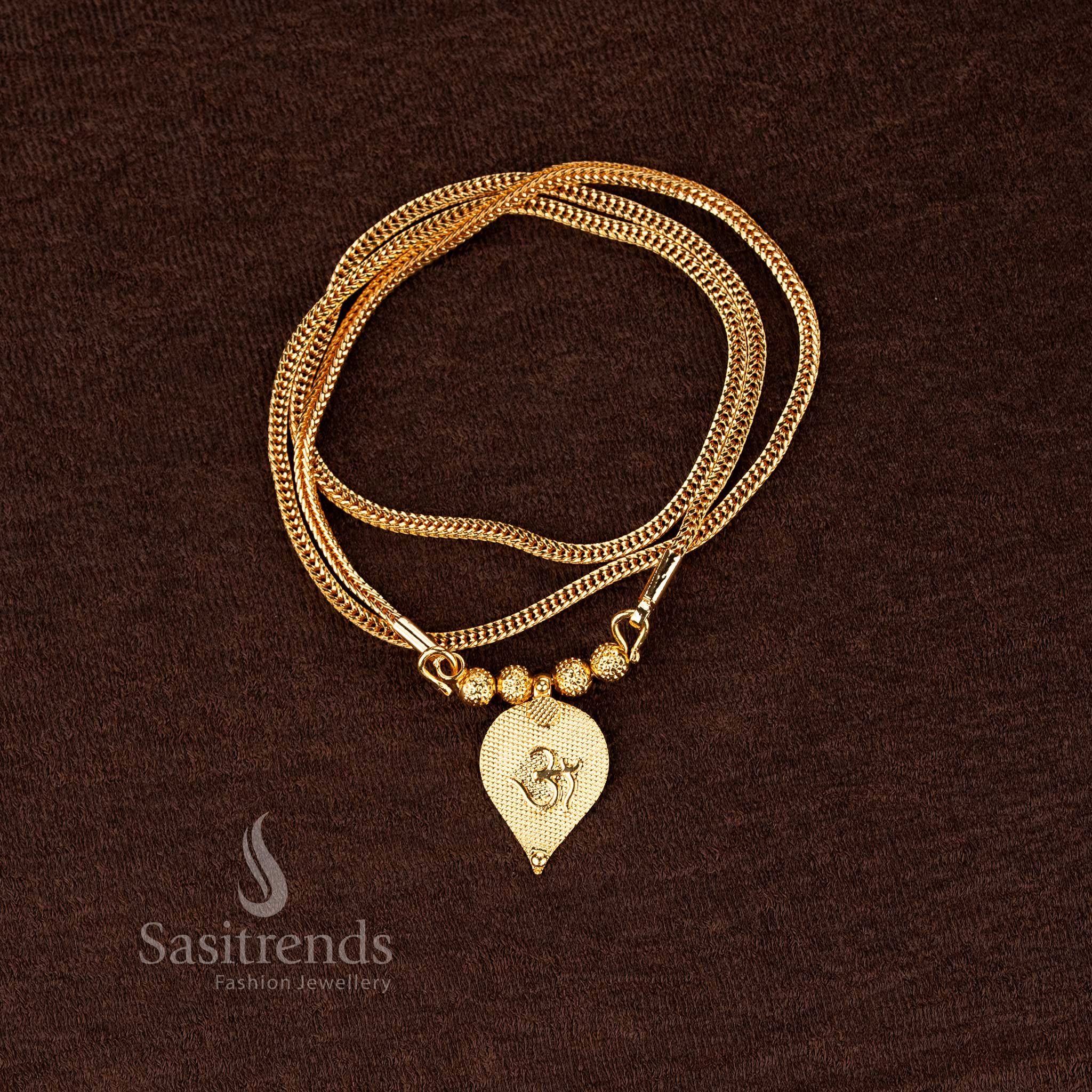 Sasitrends 24K micro gold plated traditional thali chain featuring woven link chain with bead centre and Om motif drop pendant
