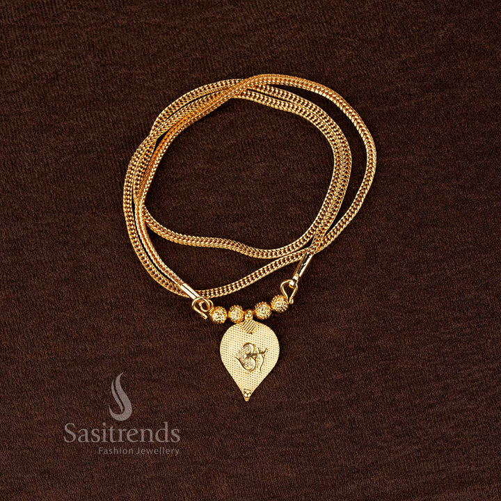 Sasitrends 24K micro gold plated traditional thali chain featuring woven link chain with bead centre and Om motif drop pendant