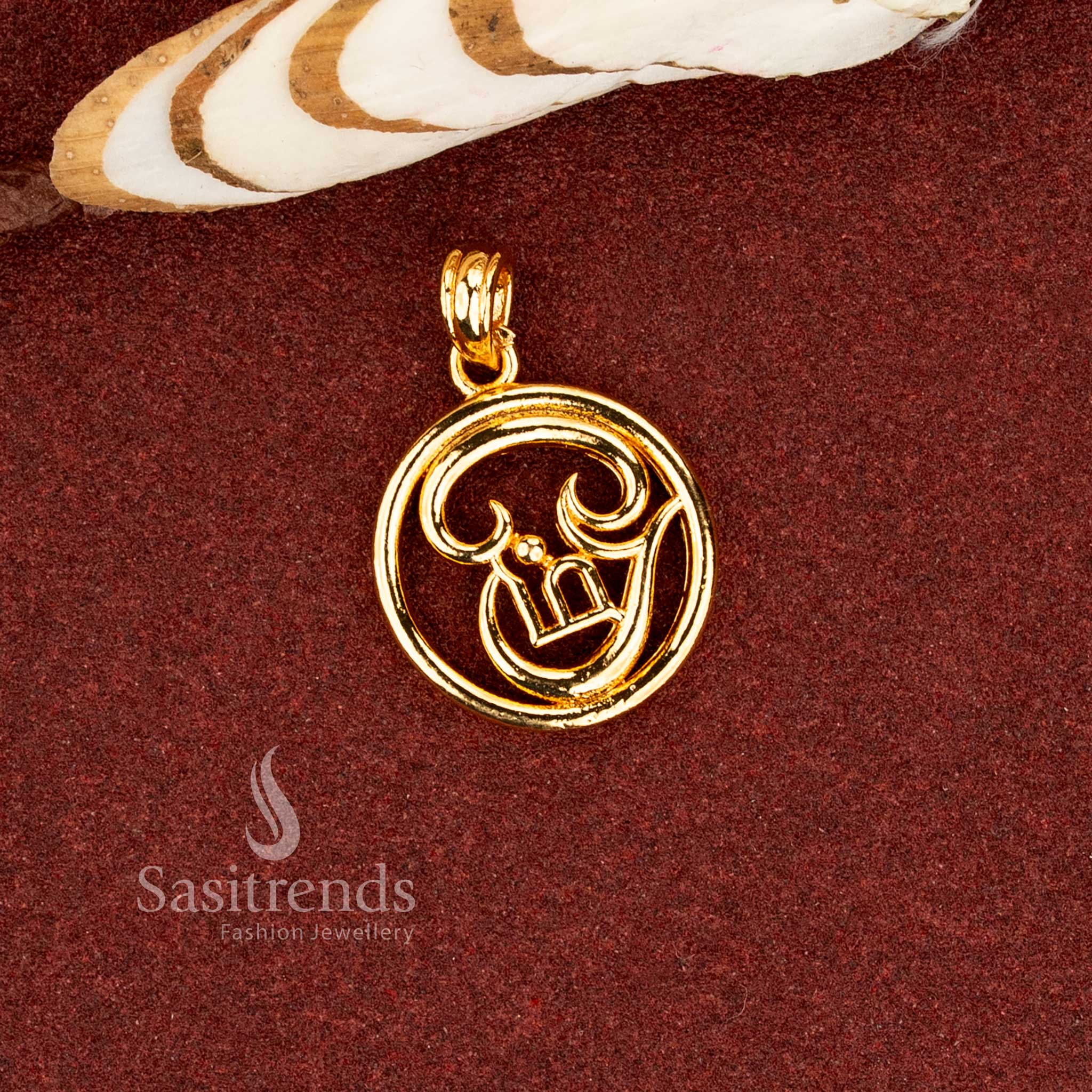 Sasitrends 24K micro gold plated Om motif pendant designed with smooth round frame and raised spiritual symbol
