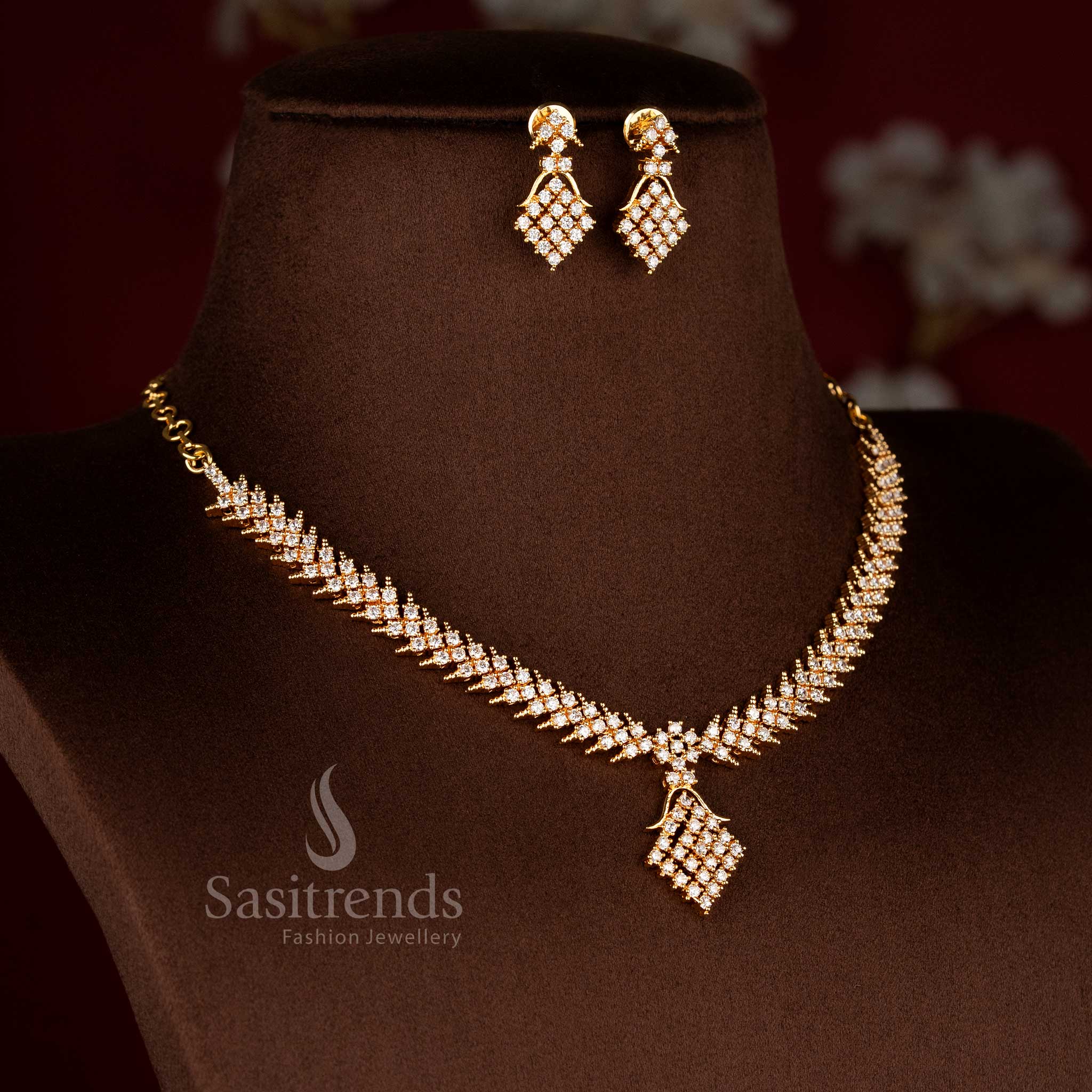 24K micro gold plated white AD stone necklace set featuring structured link pattern and drop pendant detailing