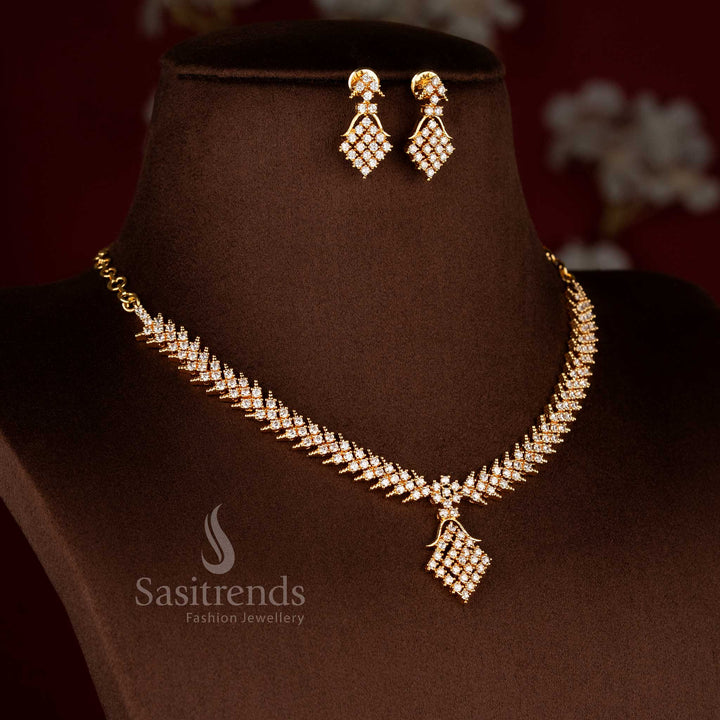 24K micro gold plated white AD stone necklace set featuring structured link pattern and drop pendant detailing