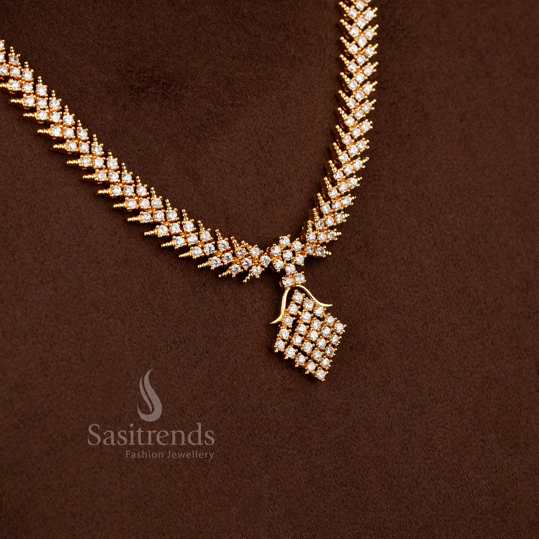 24K micro gold plated white AD stone long necklace set featuring structured link pattern and drop pendant detailing