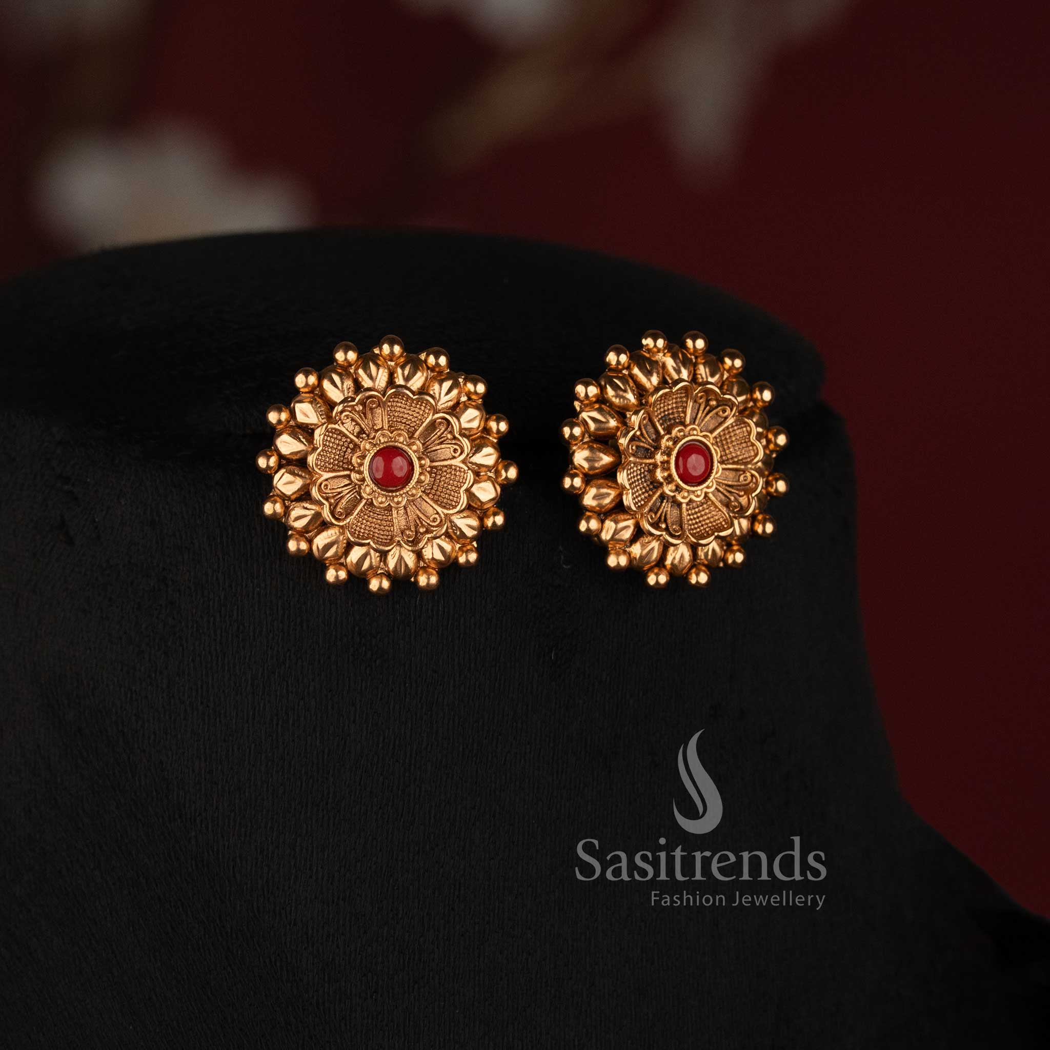 Sasitrends traditional antique coral and golden bead mala necklace set with floral stud earrings