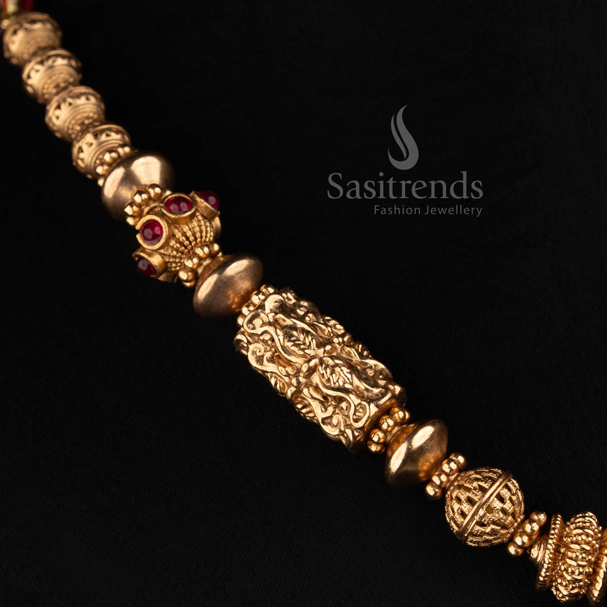 Sasitrends traditional antique gold Lakshmi cylinder filigree mala necklace set with ruby bead accents and matching stud