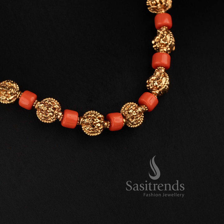 Sasitrends traditional antique gold plated coral bead mala Ganesa motif necklace jewellery set for festive wear