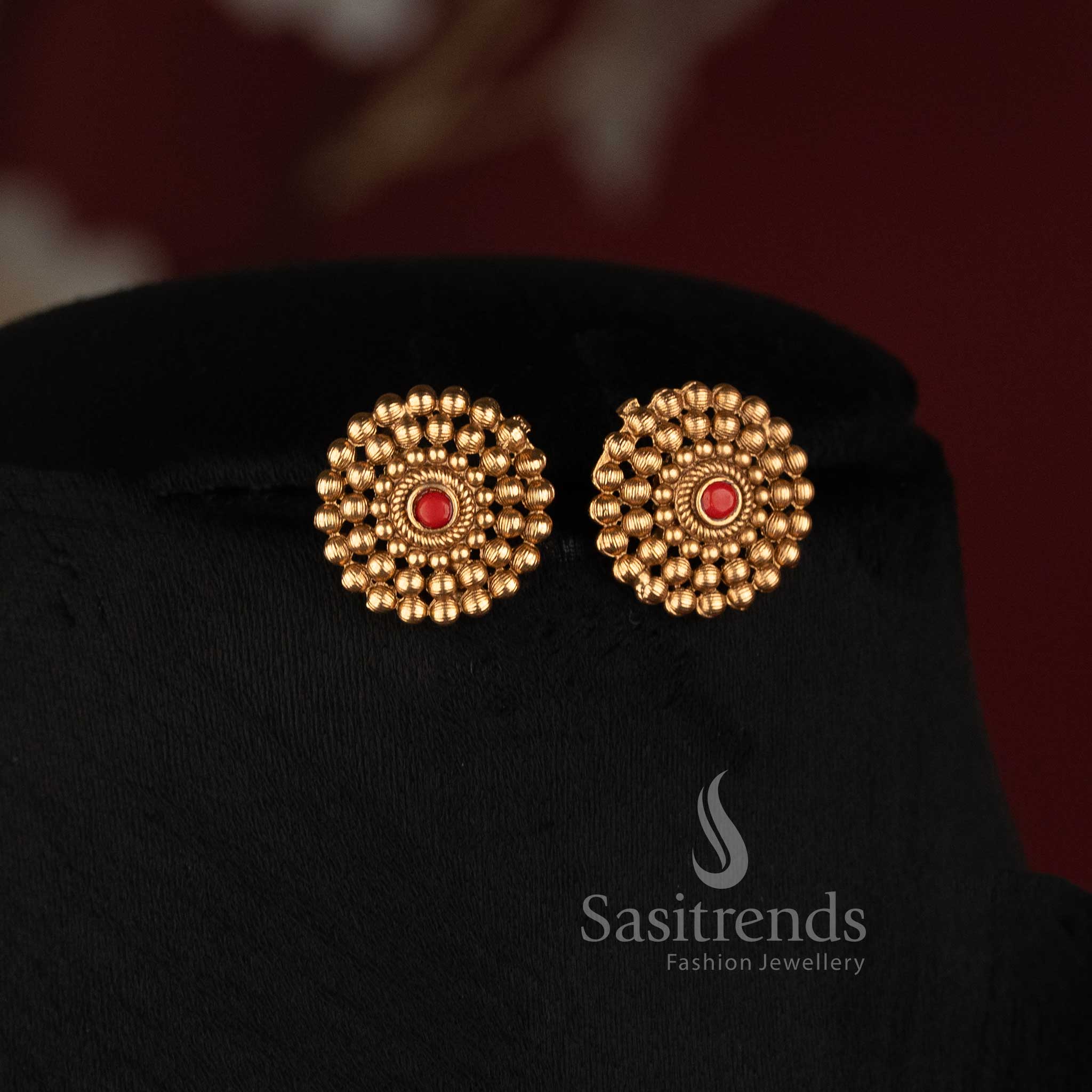 Sasitrends traditional antique gold plated coral golden bead strand mala necklace set with floral stud earrings
