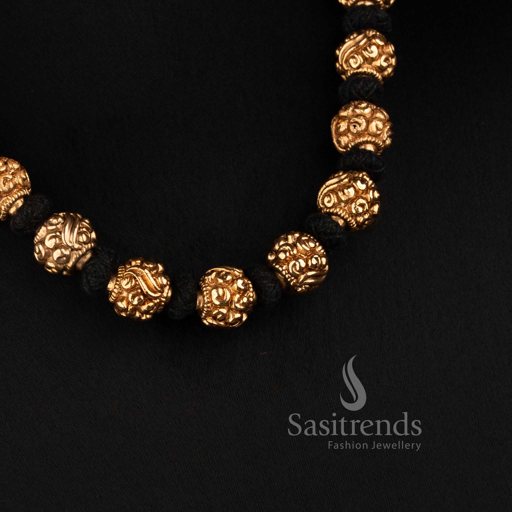 Sasitrends traditional antique gold plated round golden bead mala necklace with floral ornamental thread design