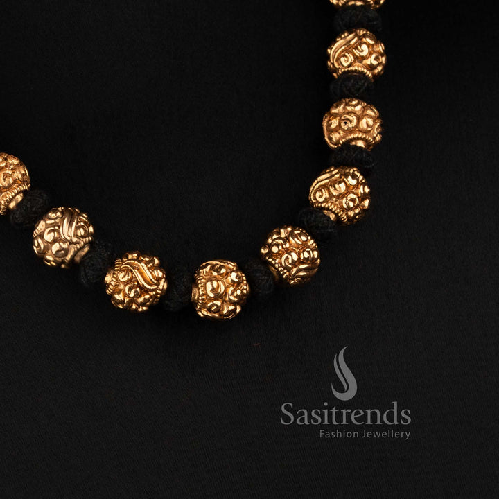 Sasitrends traditional antique gold plated round golden bead mala necklace with floral ornamental thread design
