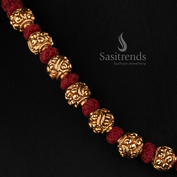 Sasitrends traditional antique gold round bead thread mala floral necklace set with ornamental golden bead design