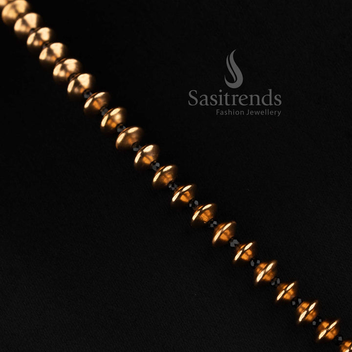 Sasitrends traditional antique gold smooth golden bead short and long mala necklace set with floral stud earrings