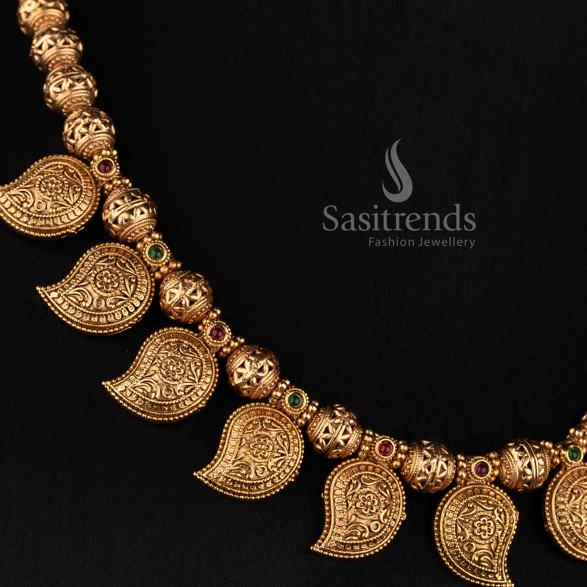 Sasitrends traditional antique gold temple mango paisley necklace set with intricate ornamental design