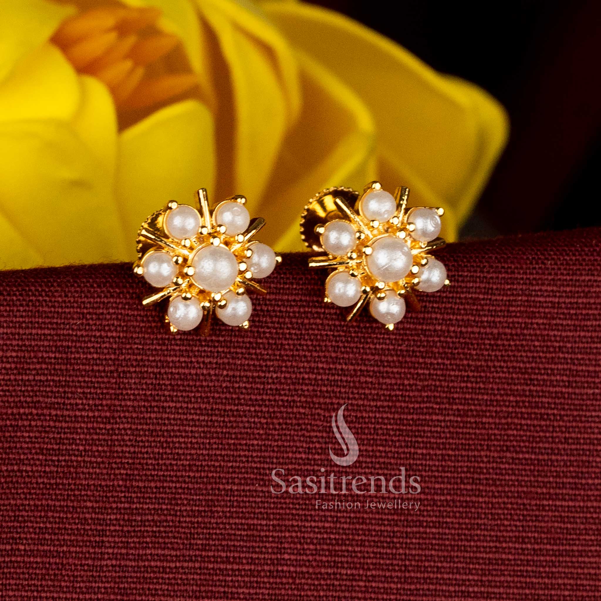 Micro Gold Plated Pearl Studded Floral Stud Earrings with Round Centre Design  - Sasitrends