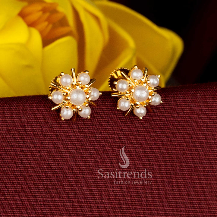 Micro Gold Plated Pearl Studded Floral Stud Earrings with Round Centre Design  - Sasitrends
