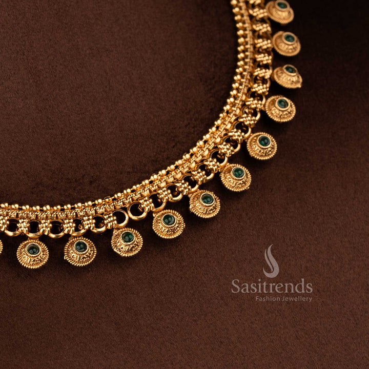 Sasitrends elegant classic matte gold plated green circular motif flexible chain necklace jewellery set with ornamental bead drops and traditional stud earrings 