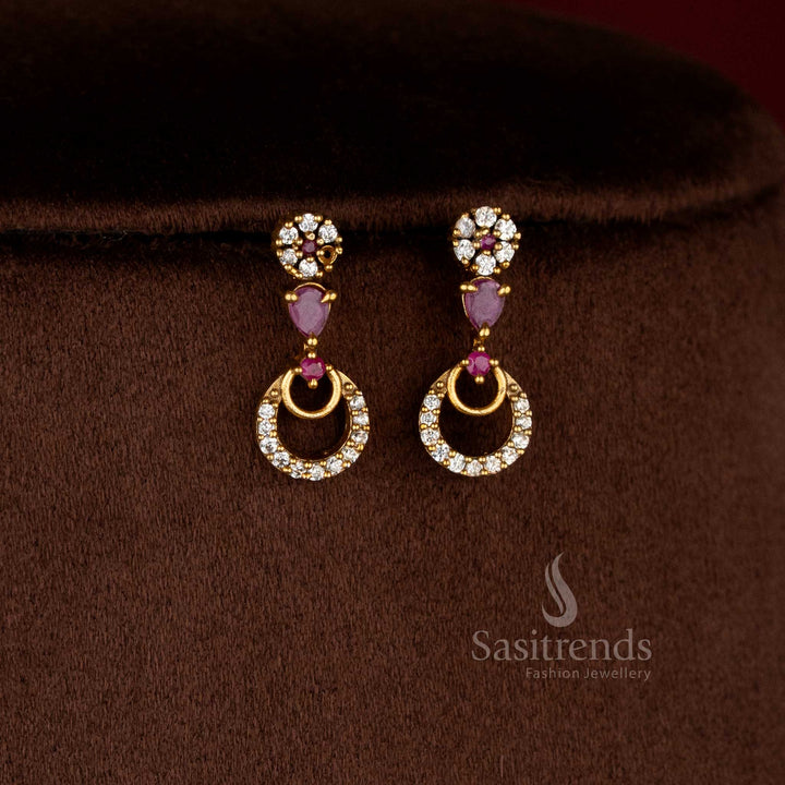 Sasitrends traditional crescent moon design matte gold plated necklace set with white ruby American Diamond stones
