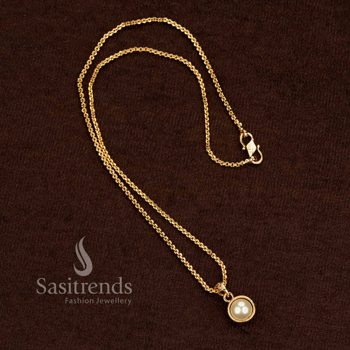 Guaranteed Traditional One Gram Micro Gold Plated Pendant Chain with Round Pearl Bezel Design | Elegant & Daily wear