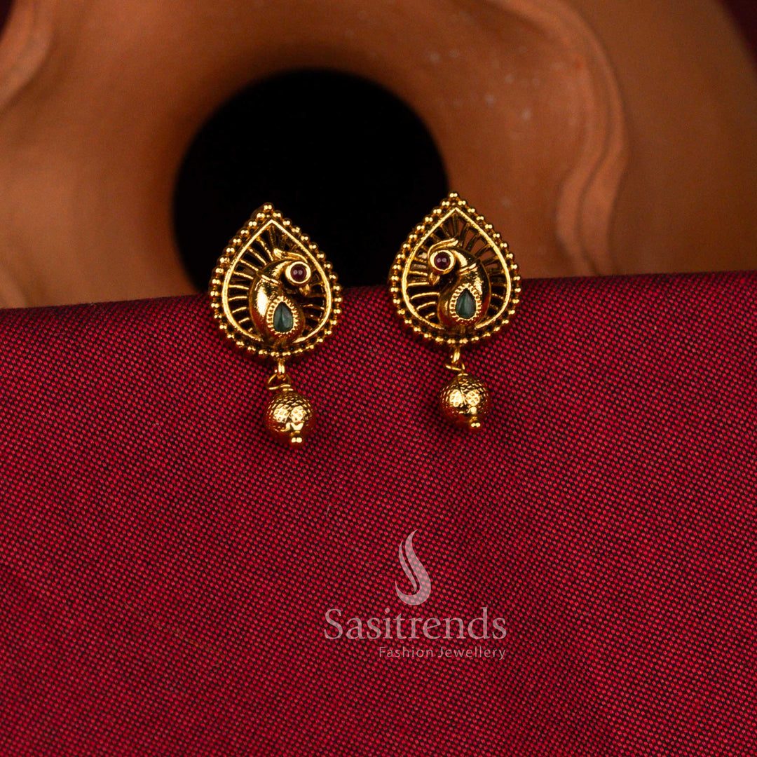 Sasitrends traditional antique matte gold peacock teardrop filigree earrings with hanging bead