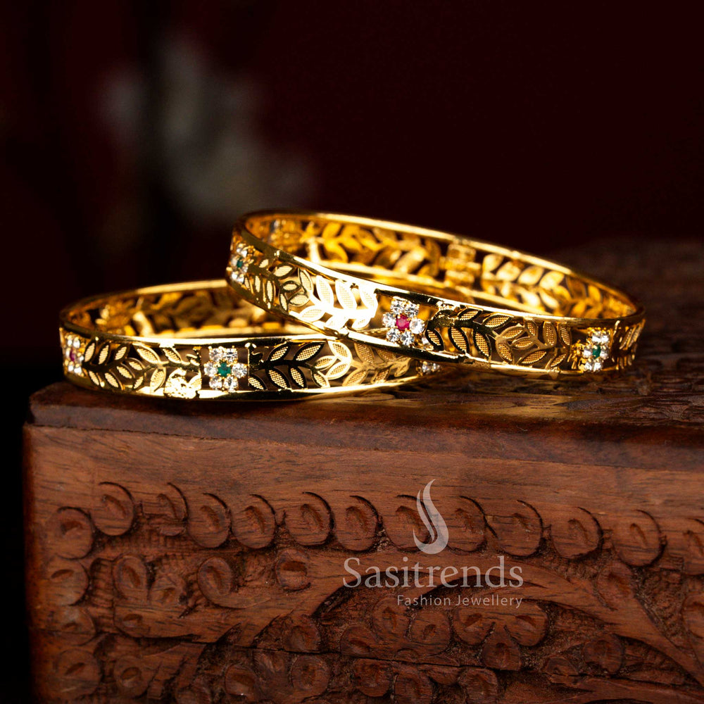 Exquisite Micro Gold Plated multi AD Stone Floral Engraved Leaf Cutwork Designer Bangles | Guaranteed One Gram Real Gold Look - Sasitrends