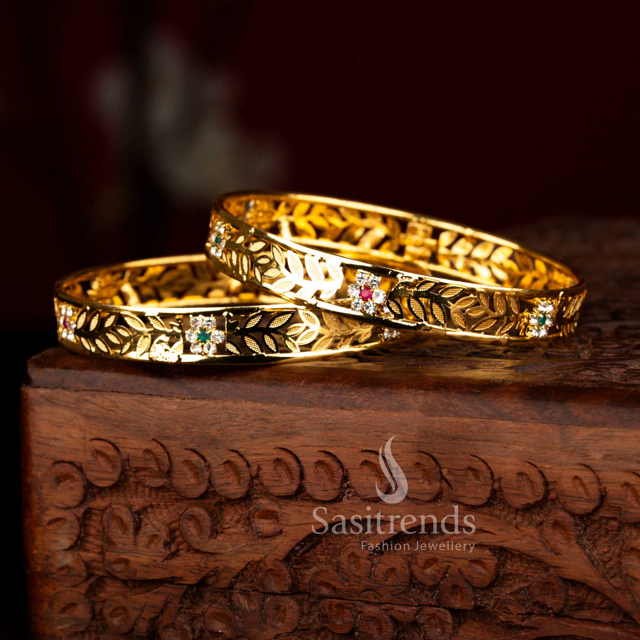 Exquisite Micro Gold Plated multi AD Stone Floral Engraved Leaf Cutwork Designer Bangles | Guaranteed One Gram Real Gold Look - Sasitrends