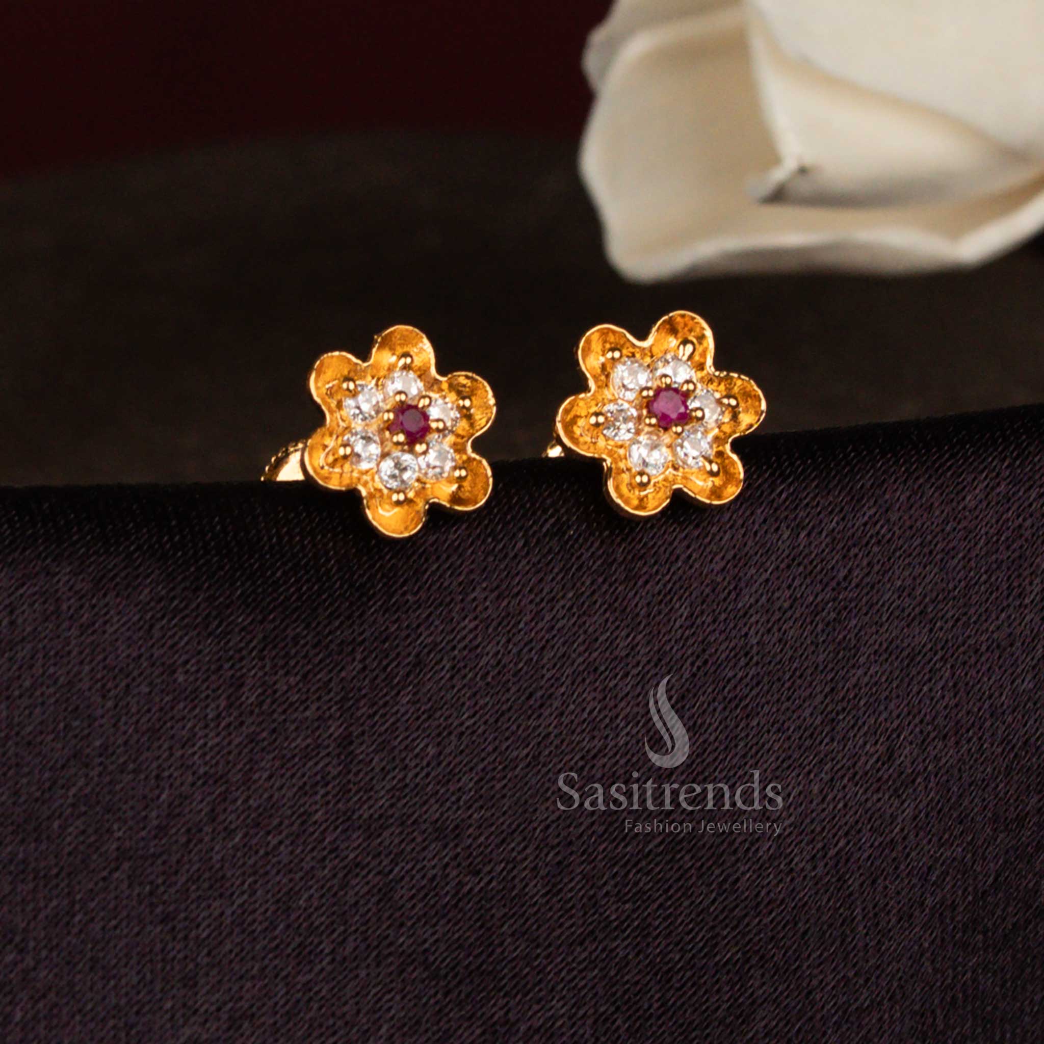Sasitrends one gram gold look floral white ruby Ad stone stud earrings with detailed flower structure for elegant wear
