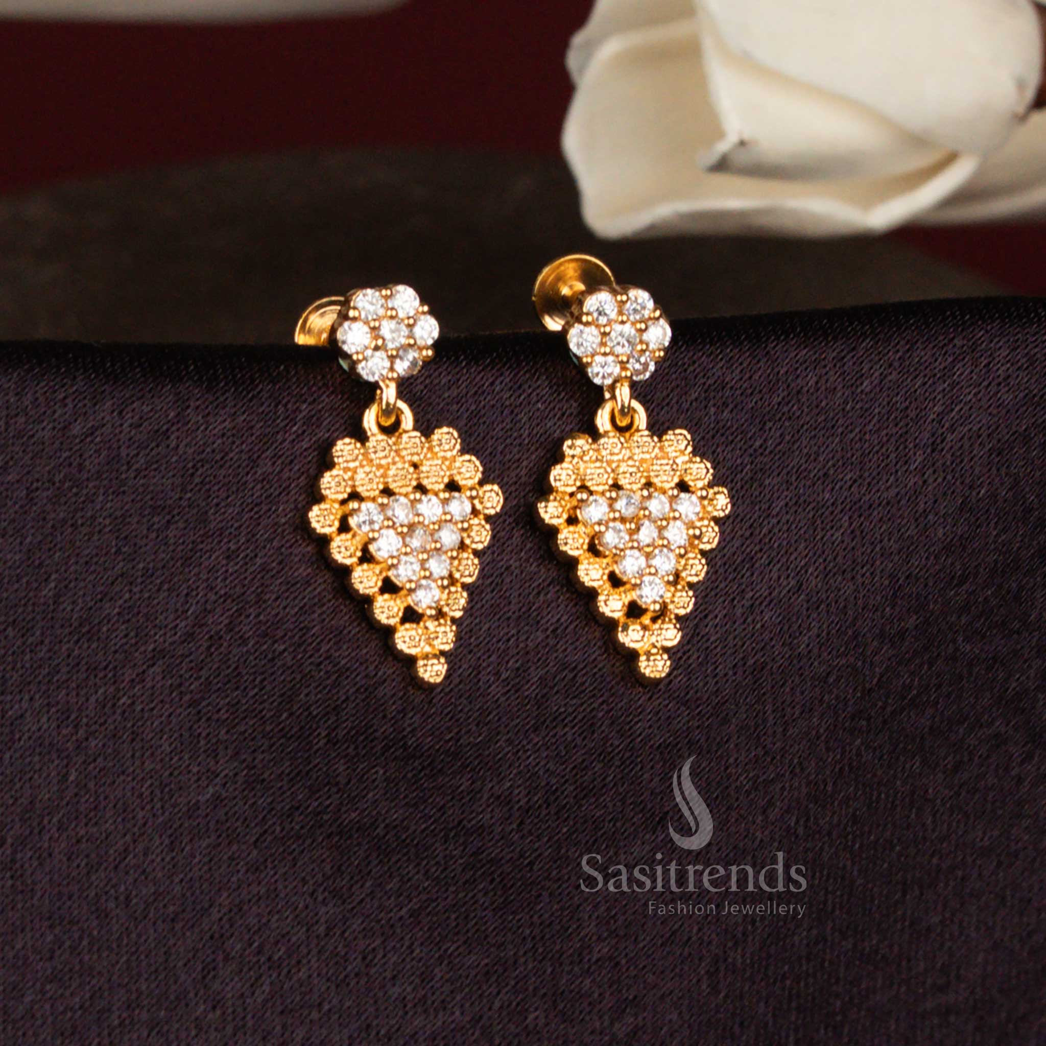 Sasitrends traditional white AD stone micro gold plated floral stud top drop earrings featuring detailed inverted leaf design 