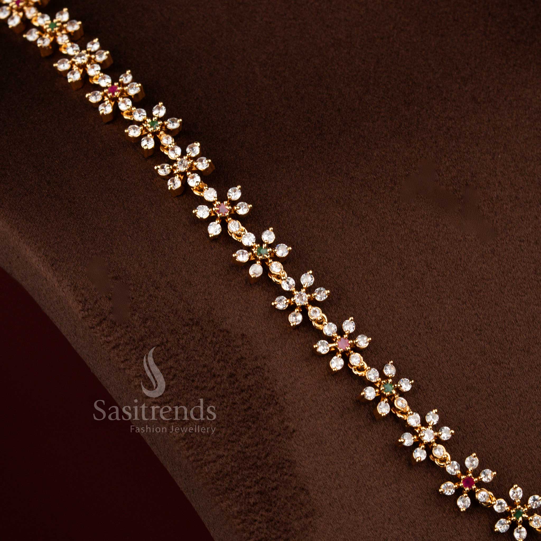 Amazing Micro Gold Plated Floral Short & Long Necklace Jewellery Set with American Diamond Stones | One Gram Guaranteed Festive Wear - Sasitrends
