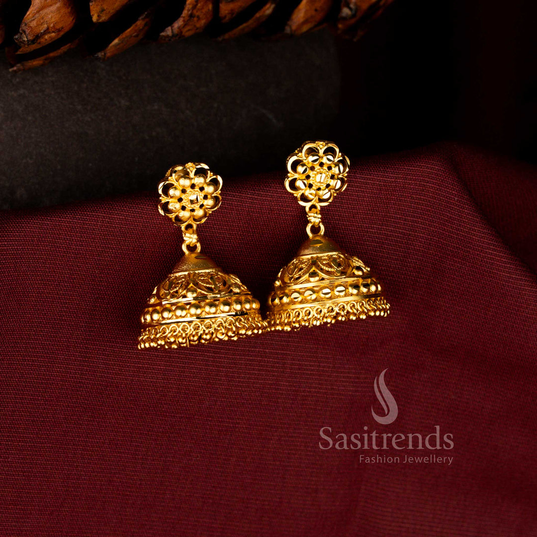 Sasitrends elegant forming micro gold plated traditional floral engraved dome jhumka earrings