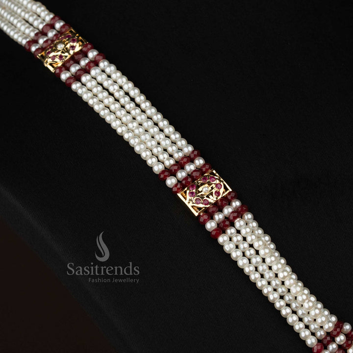 grand occasion wear 1 gram micro gold plated four layer pearl haram set with American Diamond oval centre pendant and pearl hangings, matching earrings, real gold look wedding and festive jewellery by Sasitrends